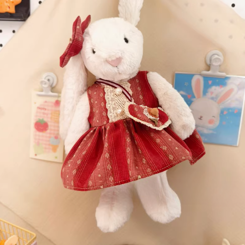 Cherry Stripe Outfit Set – Red Striped Dress, Hair Clip & Crossbody Bag (for Bashful Bunny Medium)